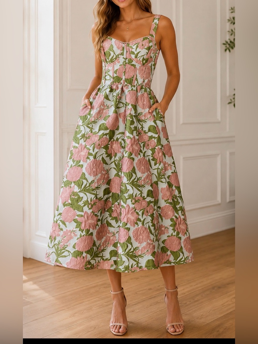 Morning Lavender Floral Jacquard Midi Dress Sz M EUC